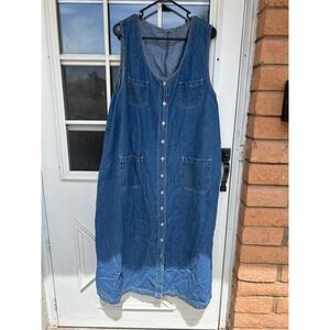 Vintage Denim Button Front Maxi Jumper Overall Dress Medium Wash 3X